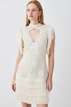 Cheapest ๐ Karen Millen Cornelli Embellished Fringed Woven ๐ Dress ๐
