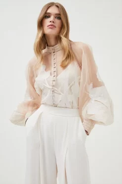 Budget ๐ Karen Millen Floral Applique Organdie Button Woven Blouse ๐งจ