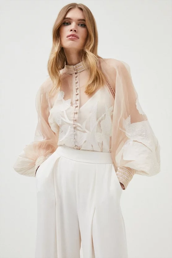 Budget ๐ Karen Millen Floral Applique Organdie Button Woven Blouse ๐งจ 3 Budget ๐ Karen Millen Floral Applique Organdie Button Woven Blouse ๐งจ