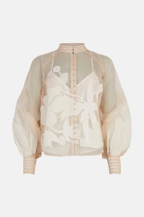 Budget ๐ Karen Millen Floral Applique Organdie Button Woven Blouse ๐งจ 6 Budget ๐ Karen Millen Floral Applique Organdie Button Woven Blouse ๐งจ - Image 4