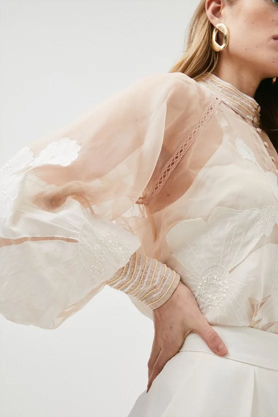 Budget ๐ Karen Millen Floral Applique Organdie Button Woven Blouse ๐งจ 7 Budget ๐ Karen Millen Floral Applique Organdie Button Woven Blouse ๐งจ - Image 5