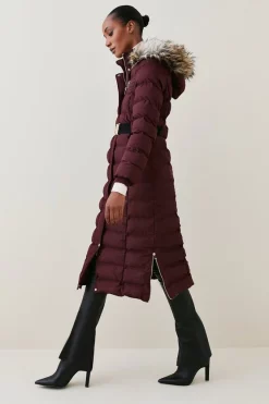 Outlet ⌛ Karen Millen Belted Puffer Faux Fur Maxi Hooded 🧥 Coat 🔔