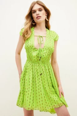 Buy ✨ Karen Millen Metallic Gathered Woven Mini 👗 Dress - lime 😉
