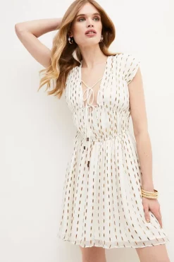 Promo ⌛ Karen Millen Metallic Gathered Woven Mini 👗 Dress - white 🛒