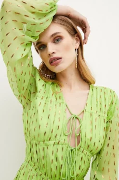 New 🎉 Karen Millen Metallic Gathered Woven Midi 👗 Dress - lime 😍 -Karen Millen Outlet store bkk01206 lime xl 2