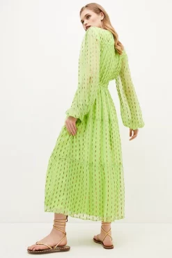 New 🎉 Karen Millen Metallic Gathered Woven Midi 👗 Dress - lime 😍 -Karen Millen Outlet store bkk01206 lime xl 4