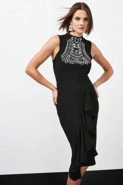 Budget ✨ Karen Millen Embellished Ruffle Figure Form Crepe Midi 👗 Dress ⌛