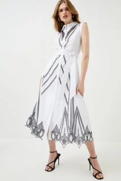 Best Pirce ⭐ Karen Millen Poplin Cutwork Detail Woven Maxi 👕 Shirt 👗 Dress - mono 🎉