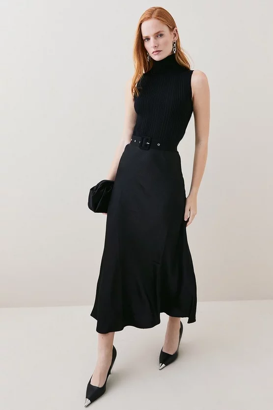 Cheapest ๐งจ Karen Millen Satin ๐ Skirt Sleeveless Rib Knit Mix Midi ๐ Dress ๐ 3 Cheapest ๐งจ Karen Millen Satin ๐ Skirt Sleeveless Rib Knit Mix Midi ๐ Dress ๐