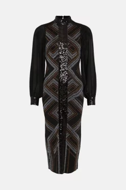 Best Sale 🤩 Karen Millen Sparkle Jacquard Sequin Panel Midaxi Knit 👗 Dress - black ⭐ -Karen Millen Outlet store bkk02642 black xl 3