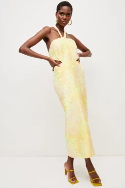 Buy 😍 Karen Millen Animal Jacquard Halter Column Midaxi 👗 Dress - yellow 🔔