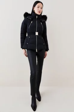 Buy 🔔 Karen Millen Premium Faux Fur Trim Belted Down Short Puffer Jacket - black ✨