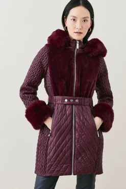 Best Sale ๐ Karen Millen Signature Quilt Faux Fur Trim Belted Midi ๐งฅ Coat ๐ฏ