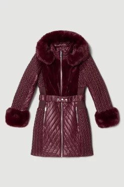 Best Sale 👏 Karen Millen Signature Quilt Faux Fur Trim Belted Midi 🧥 Coat 💯 -Karen Millen Outlet store bkk02786 berry xl 3