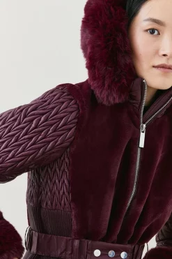 Best Sale 👏 Karen Millen Signature Quilt Faux Fur Trim Belted Midi 🧥 Coat 💯 -Karen Millen Outlet store bkk02786 berry xl 4