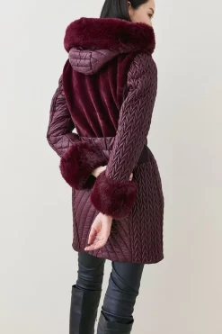 Best Sale 👏 Karen Millen Signature Quilt Faux Fur Trim Belted Midi 🧥 Coat 💯 -Karen Millen Outlet store bkk02786 berry xl 5