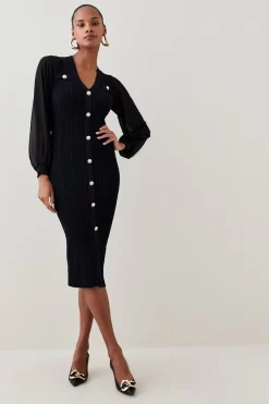 Outlet ❤️ Karen Millen Military Rib Knit Georgette Sleeve Midi 👗 Dress ✔️