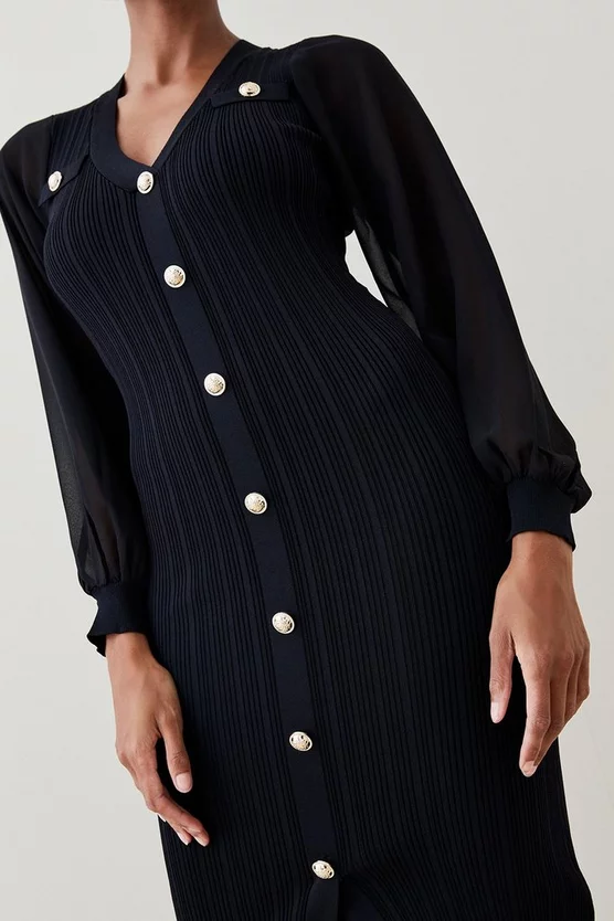 Outlet ❤️ Karen Millen Military Rib Knit Georgette Sleeve Midi 👗 Dress ✔️ 4 Outlet ❤️ Karen Millen Military Rib Knit Georgette Sleeve Midi 👗 Dress ✔️ - Image 2