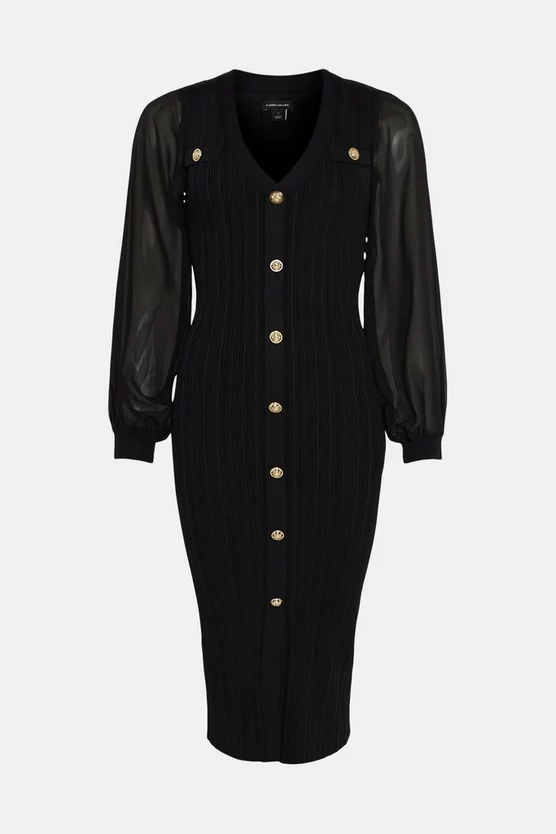 Outlet ❤️ Karen Millen Military Rib Knit Georgette Sleeve Midi 👗 Dress ✔️ 6 Outlet ❤️ Karen Millen Military Rib Knit Georgette Sleeve Midi 👗 Dress ✔️ - Image 4