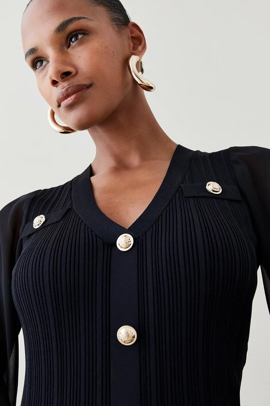 Outlet ❤️ Karen Millen Military Rib Knit Georgette Sleeve Midi 👗 Dress ✔️ 7 Outlet ❤️ Karen Millen Military Rib Knit Georgette Sleeve Midi 👗 Dress ✔️ - Image 5