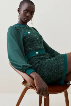Wholesale 😉 Karen Millen Chiffon Sleeve Tweed Knit Mini 👗 Dress - forest 🥰 -Karen Millen Outlet store bkk03090 forest xl 2