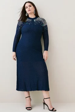 Hot Sale ๐ Karen Millen Plus Size Crystal Embellished Stitch Knit Mini ๐ Dress - ink ๐งจ