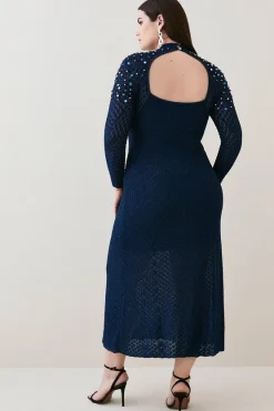 Hot Sale 😀 Karen Millen Plus Size Crystal Embellished Stitch Knit Mini 👗 Dress - ink 🧨 -Karen Millen Outlet store bkk03267 ink xl 4