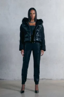 Buy 💯 Karen Millen Contrast Pu Boucle Panelled Puffer Jacket - black 🧨