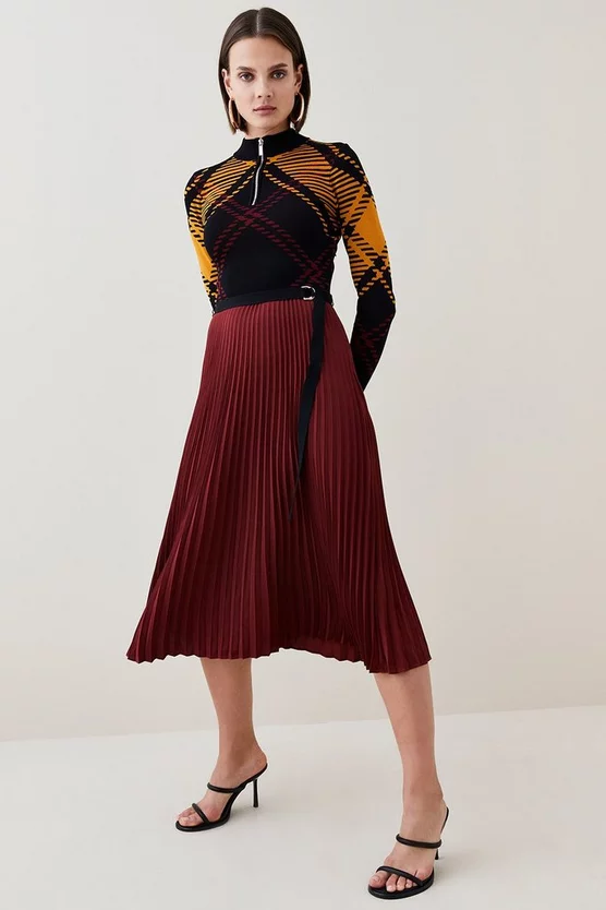 Best deal โ๏ธ Karen Millen Check Long Sleeve Zip Turtle Neck Pleated Midi ๐ Dress - burgundy ๐งจ 3 Best deal โ๏ธ Karen Millen Check Long Sleeve Zip Turtle Neck Pleated Midi ๐ Dress - burgundy ๐งจ