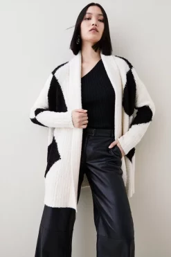 Promo 🌟 Karen Millen Intarsia Wool Mix Boucle Shawl Neck Cardigan - mono 👍