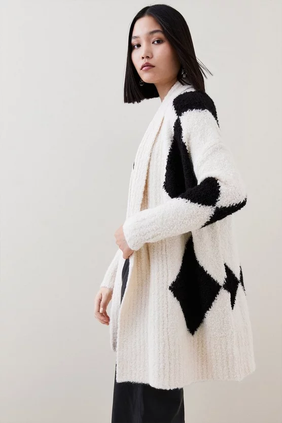 Promo 🌟 Karen Millen Intarsia Wool Mix Boucle Shawl Neck Cardigan - mono 👍 5 Promo 🌟 Karen Millen Intarsia Wool Mix Boucle Shawl Neck Cardigan - mono 👍 - Image 3