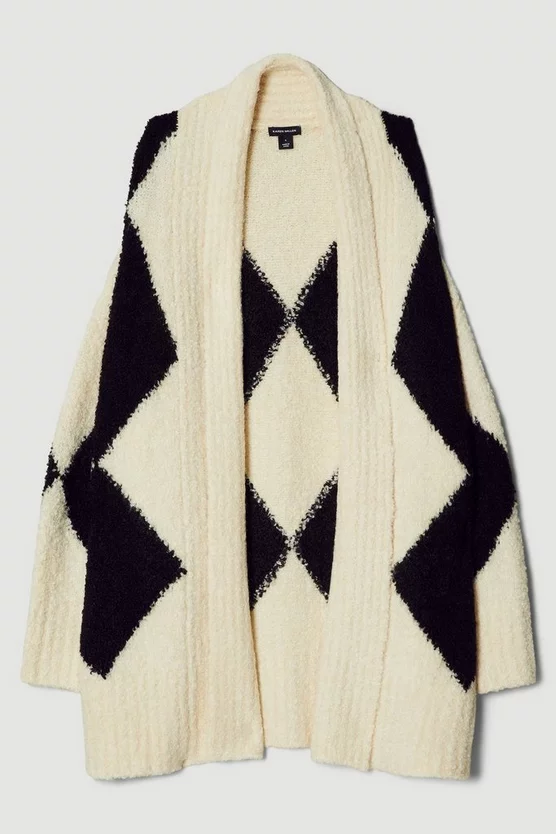 Promo 🌟 Karen Millen Intarsia Wool Mix Boucle Shawl Neck Cardigan - mono 👍 6 Promo 🌟 Karen Millen Intarsia Wool Mix Boucle Shawl Neck Cardigan - mono 👍 - Image 4