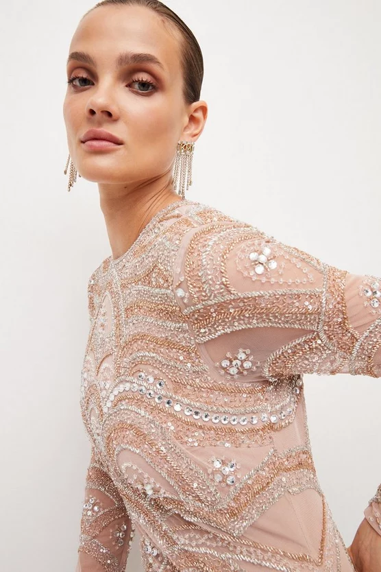 New 🔥 Karen Millen Embellished Mini 👗 Dress With Scallop Detail - rose ✔️ 4 New 🔥 Karen Millen Embellished Mini 👗 Dress With Scallop Detail - rose ✔️ - Image 2