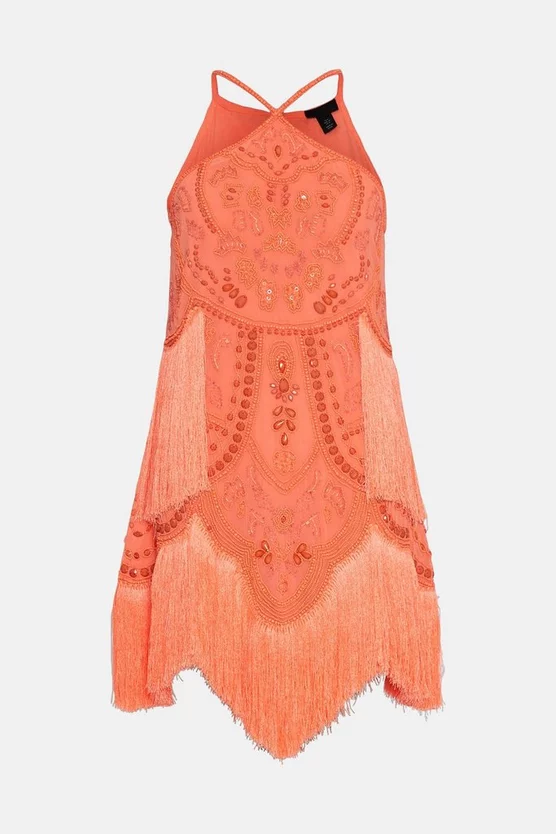 Buy ⭐ Karen Millen Fringed Beaded Halter Mini 👗 Dress 🥰 6 Buy ⭐ Karen Millen Fringed Beaded Halter Mini 👗 Dress 🥰 - Image 4