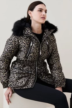 New ๐ Karen Millen Faux Fur Trim Animal Jacquard Puffer ๐งฅ Coat ๐