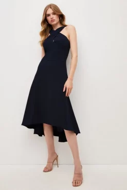 Discount 👏 Karen Millen Soft Tailored Cross Over Neck High Low Midi 👗 Dress 🎉