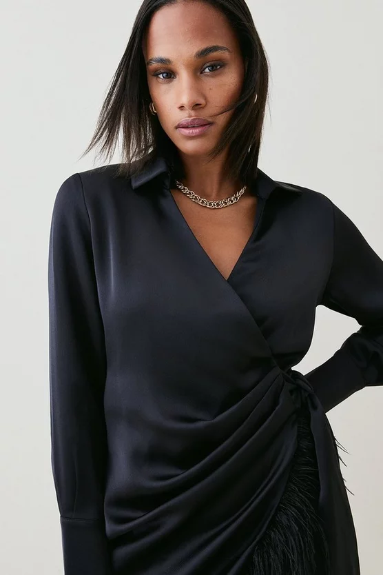 Best deal ๐ Karen Millen Satin Back Crepe Feather Hem ๐ Shirt Mini ๐ Dress ๐ 4 Best deal ๐ Karen Millen Satin Back Crepe Feather Hem ๐ Shirt Mini ๐ Dress ๐ - Image 2
