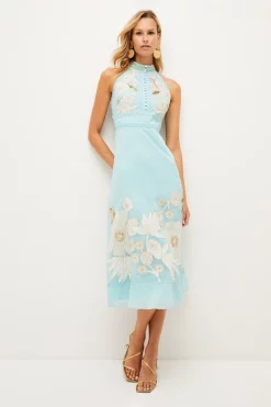 Best Sale 👏 Karen Millen Applique Organdie Buttoned Halter Neck Maxi - mint 💯
