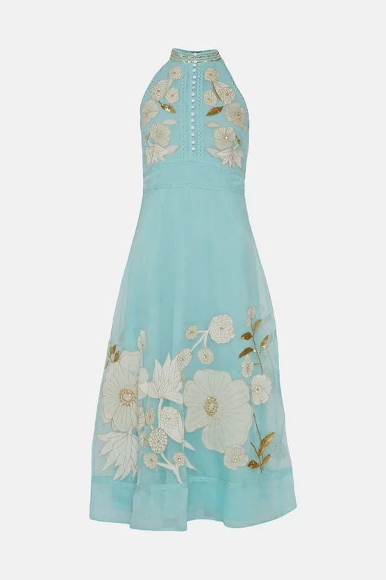 Best Sale 👏 Karen Millen Applique Organdie Buttoned Halter Neck Maxi - mint 💯 6 Best Sale 👏 Karen Millen Applique Organdie Buttoned Halter Neck Maxi - mint 💯 - Image 4