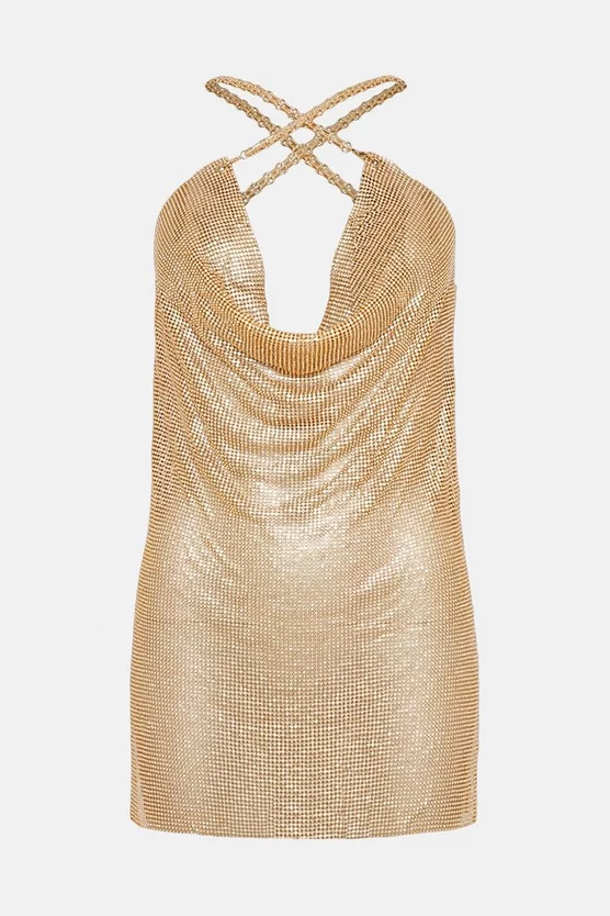 Brand new ๐ Karen Millen Diamante Chain Mail Cowl Side Split Mini ๐ Dress - gold ๐ฅ 6 Brand new ๐ Karen Millen Diamante Chain Mail Cowl Side Split Mini ๐ Dress - gold ๐ฅ - Image 4