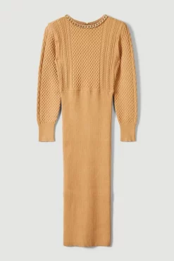 Cheapest 🎉 Karen Millen Chain Detail Cable Stitch Knitted Midi 👗 Dress 🎉 -Karen Millen Outlet store bkk04755 camel xl 3