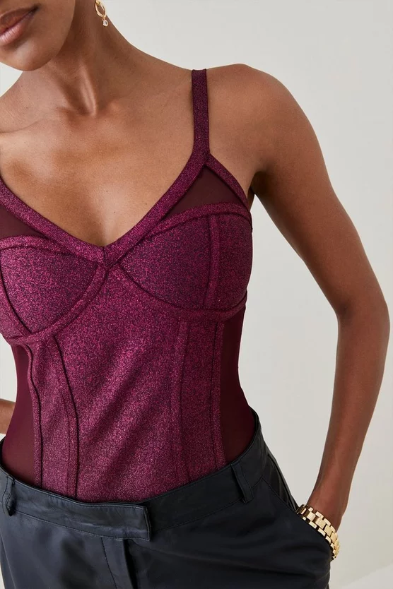 Top 10 🤩 Karen Millen Metallic Bandage Knit And Mesh Corset Body - burgundy ❤️ 4 Top 10 🤩 Karen Millen Metallic Bandage Knit And Mesh Corset Body - burgundy ❤️ - Image 2