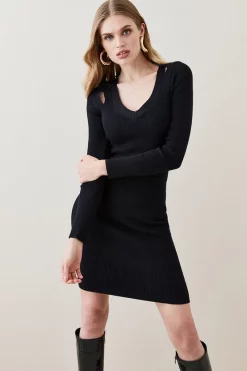 Wholesale ๐ Karen Millen Cut Out V Neck Rib Knit Pencil Mini ๐ Dress โ๏ธ