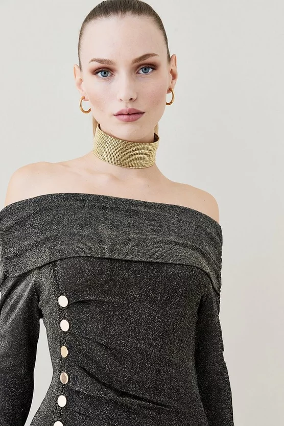 Best Sale 🌟 Karen Millen Sparkle Slinky Knit Drape Bardot Midaxi 👗 Dress - gold 🥰 4 Best Sale 🌟 Karen Millen Sparkle Slinky Knit Drape Bardot Midaxi 👗 Dress - gold 🥰 - Image 2