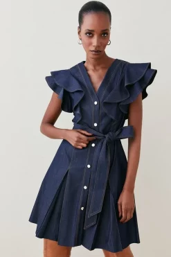 Budget 😉 Karen Millen Tailored Denim Frill Sleeve Mini 👗 Dress ⌛