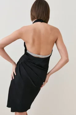 Deals 💯 Karen Millen Viscose Satin Back Crepe Diamante Back Halter Mini 👗 Dress 😉 -Karen Millen Outlet store bkk05479 black xl 2