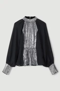 Best reviews of ⭐ Karen Millen Sequin Panelled Georgette Blouse 👍 -Karen Millen Outlet store bkk05527 black xl 3