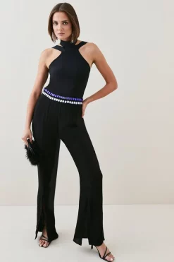 Deals ๐ Karen Millen Jewelled Detail Split Hem Woven Trouser - black ๐