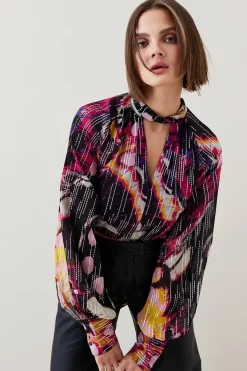 Best Sale ⌛ Karen Millen Abstract Butterly Georgette Metallic Thread Blouse - floral 🥰