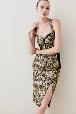 Flash Sale 🧨 Karen Millen Metallic Snake Print Contrast Pencil Midi 👗 Dress - gold 🎁 -Karen Millen Outlet store bkk05717 gold xl 2